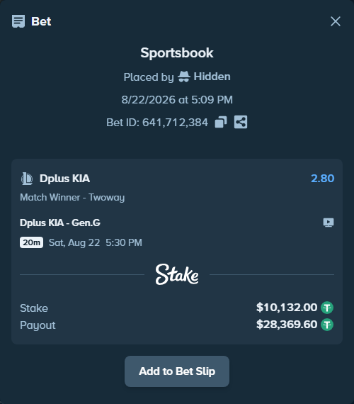 Bet slip: Dplus KIA - Gen.G, $10,132.00 stake at 2.80 odds, placed by Hidden