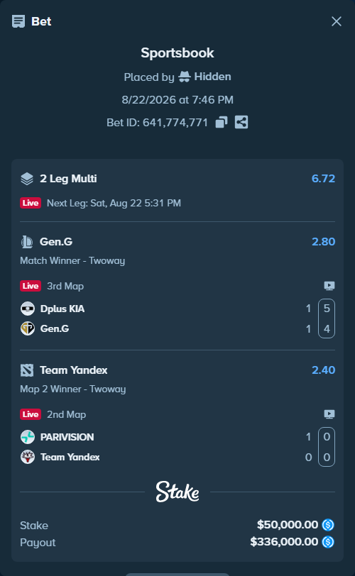 Bet slip: Dplus KIA - Gen.G, $50,000.00 stake at 2.80 odds, placed by Hidden