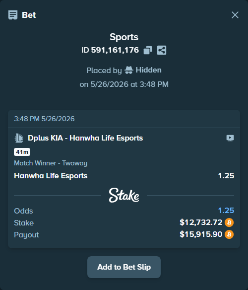 Bet slip: Dplus KIA - Hanwha Life Esports, $10,664.63 stake at 1.25 odds, placed by Hidden