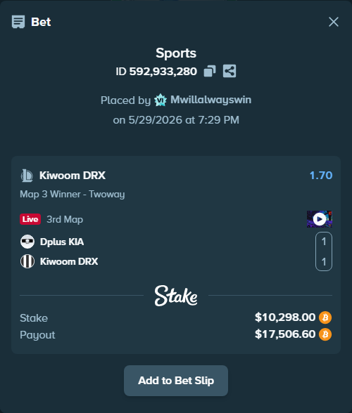 Bet slip: Dplus KIA - Kiwoom DRX, $8,983.10 stake at 1.70 odds, placed by Mwillalwayswin