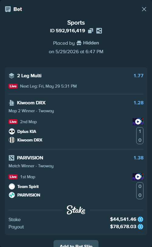 Bet slip: Dplus KIA - Kiwoom DRX, $44,586.00 stake at 1.28 odds, placed by Hidden