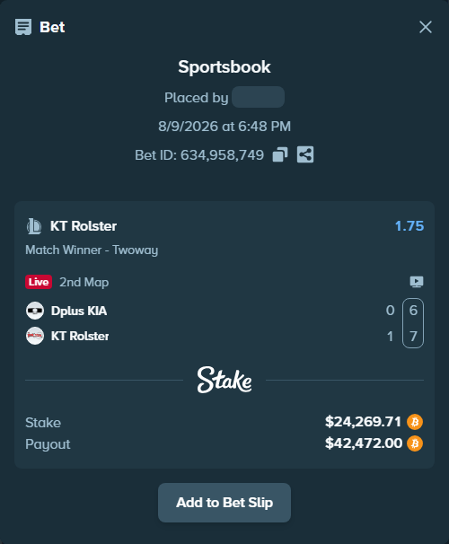 Bet slip: Dplus KIA - KT Rolster, $24,420.04 stake at 1.75 odds, placed by Mashko21