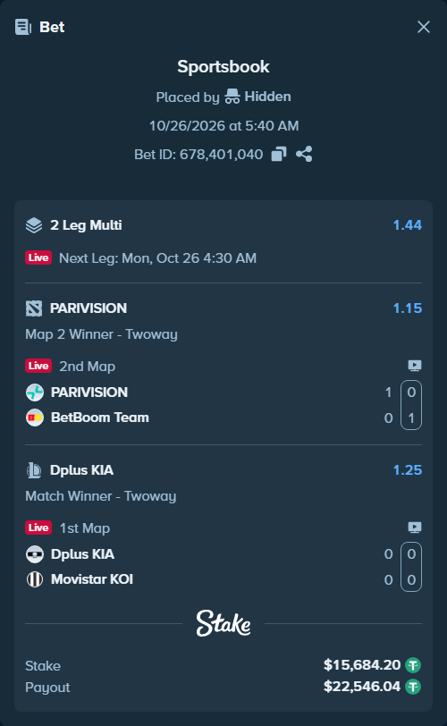 Bet slip: Dplus KIA - Movistar KOI, $15,699.88 stake at 1.25 odds, placed by Hidden