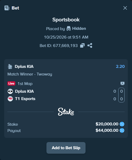 Bet slip: Dplus KIA - T1 Esports, $20,000.00 stake at 2.20 odds, placed by OlenkaKO
