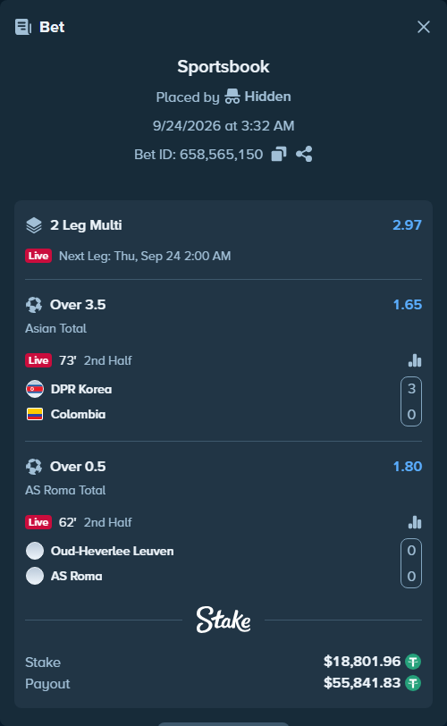 Bet slip: DPR Korea - Colombia, $18,801.96 stake at 1.65 odds, placed by Hidden