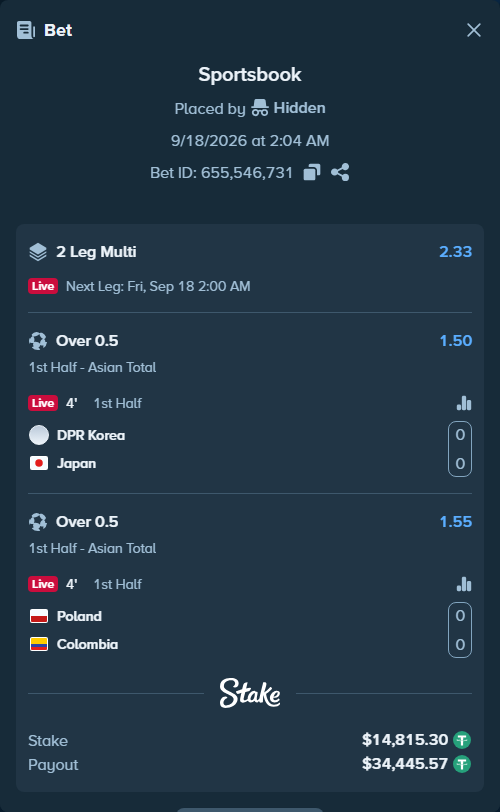 Bet slip: DPR Korea - Japan, $14,830.11 stake at 1.50 odds, placed by Hidden
