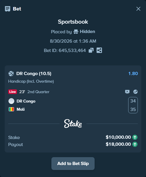 Bet slip: DR Congo - Mali, $10,000.00 stake at 1.80 odds, placed by Hidden