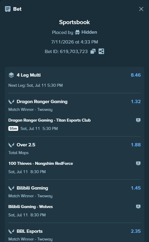 Bet slip: Dragon Ranger Gaming - Titan Esports Club, $11,000.00 stake at 1.32 odds, placed by Hidden
