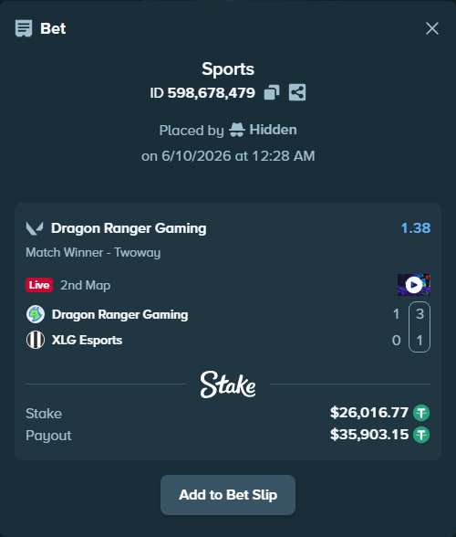 Bet slip: Dragon Ranger Gaming - XLG Esports, $26,042.79 stake at 1.38 odds, placed by Hidden