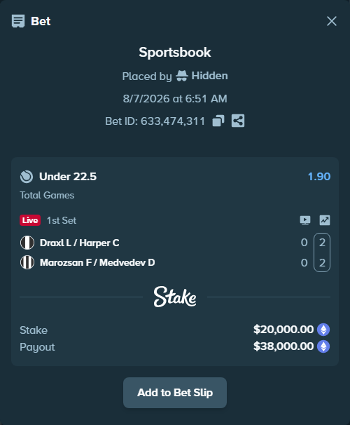 Bet slip: Draxl L / Harper C - Marozsan F / Medvedev D, $19,918.45 stake at 1.90 odds, placed by Hidden