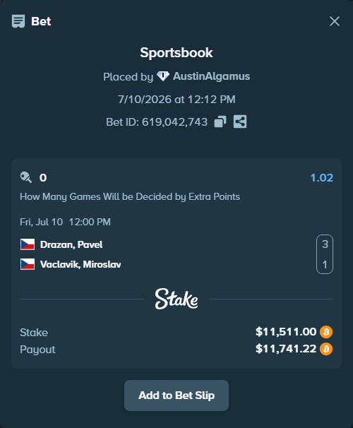 Bet slip: Drazan, Pavel - Vaclavik, Miroslav, $11,602.59 stake at 1.02 odds, placed by AustinAlgamus