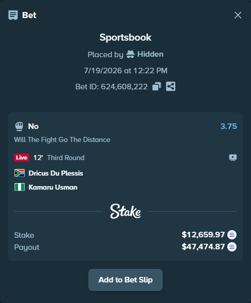 Bet slip: Dricus Du Plessis - Kamaru Usman, $12,033.60 stake at 3.75 odds, placed by Prettylfacko98