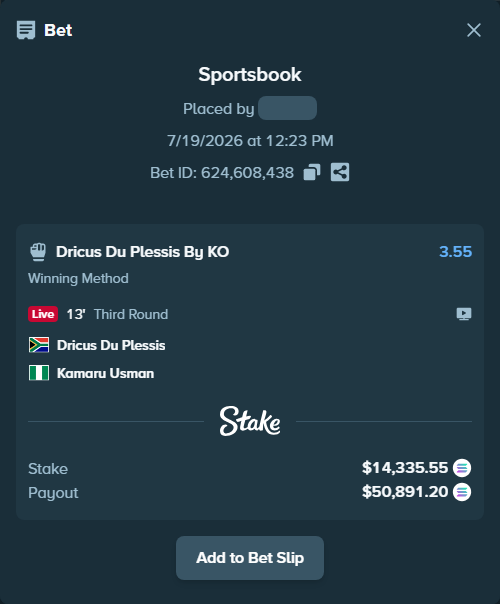 Bet slip: Dricus Du Plessis - Kamaru Usman, $13,626.28 stake at 3.55 odds, placed by Prettylfacko98