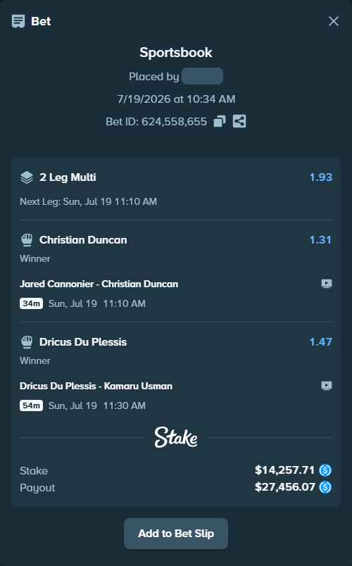 Bet slip: Dricus Du Plessis - Kamaru Usman, $14,257.71 stake at 1.47 odds, placed by ufos