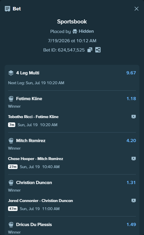 Bet slip: Dricus Du Plessis - Kamaru Usman, $16,277.30 stake at 1.49 odds, placed by Hidden