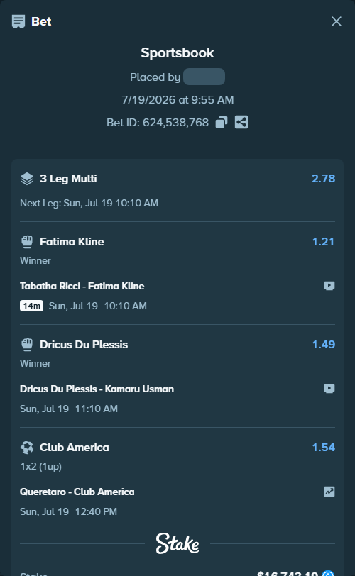 Bet slip: Dricus Du Plessis - Kamaru Usman, $16,743.19 stake at 1.49 odds, placed by TeslaKesla22