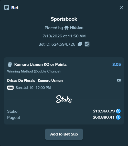 Bet slip: Dricus Du Plessis - Kamaru Usman, $19,960.79 stake at 3.05 odds, placed by Hidden