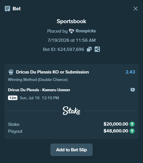 Bet slip: Dricus Du Plessis - Kamaru Usman, $20,000.00 stake at 2.43 odds, placed by Rosspicks