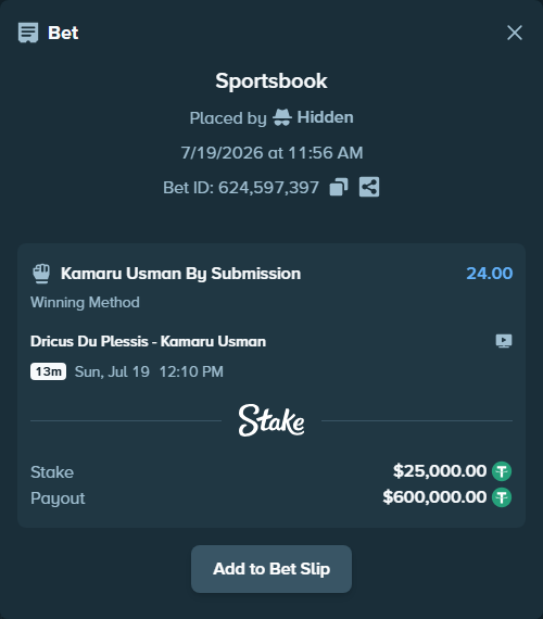 Bet slip: Dricus Du Plessis - Kamaru Usman, $25,000.00 stake at 24.00 odds, placed by Hidden
