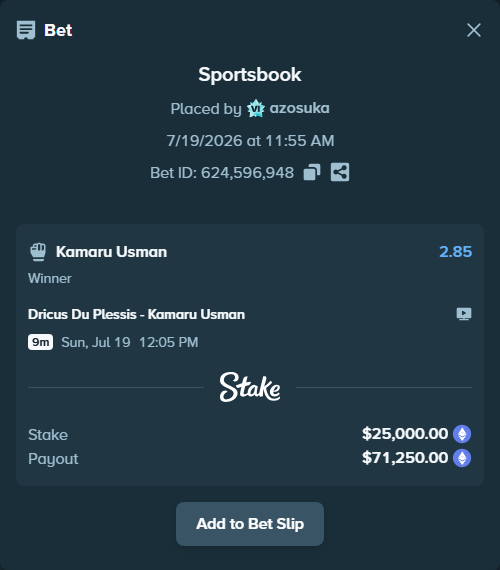Bet slip: Dricus Du Plessis - Kamaru Usman, $25,531.42 stake at 2.85 odds, placed by azosuka