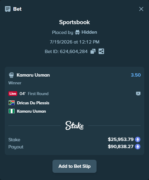 Bet slip: Dricus Du Plessis - Kamaru Usman, $26,451.17 stake at 3.50 odds, placed by Hidden