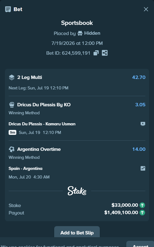 Bet slip: Dricus Du Plessis - Kamaru Usman, $33,000.00 stake at 3.05 odds, placed by Hidden