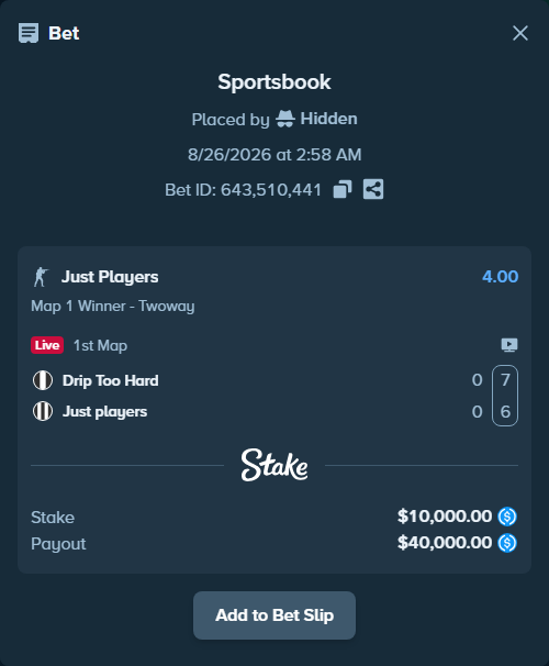 Bet slip: Drip Too Hard - Just Players, $10,000.00 stake at 4.00 odds, placed by Hidden