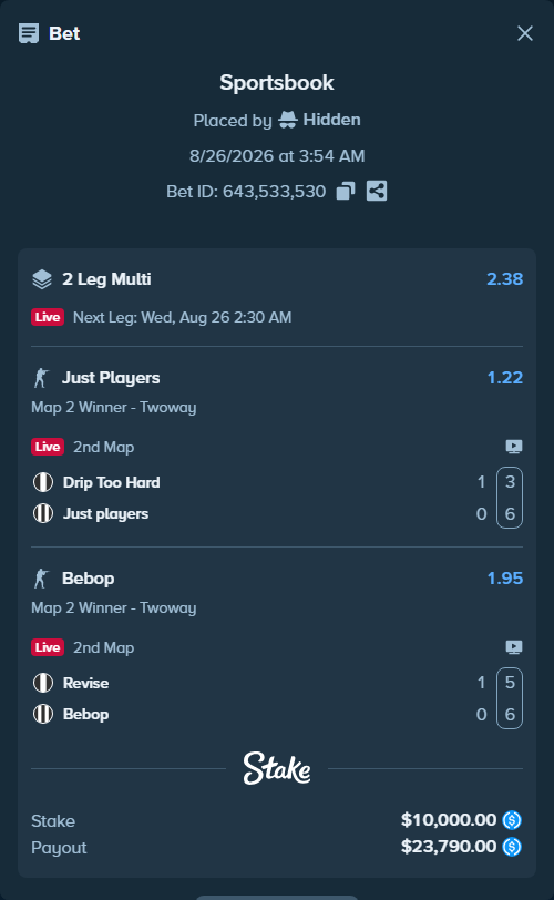 Bet slip: Drip Too Hard - Just Players, $10,000.00 stake at 1.22 odds, placed by Hidden