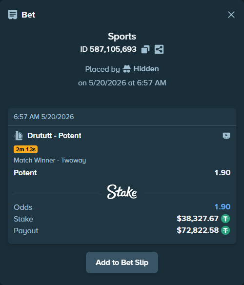 Bet slip: Drututt - Potent, $38,366.00 stake at 1.90 odds, placed by Hidden