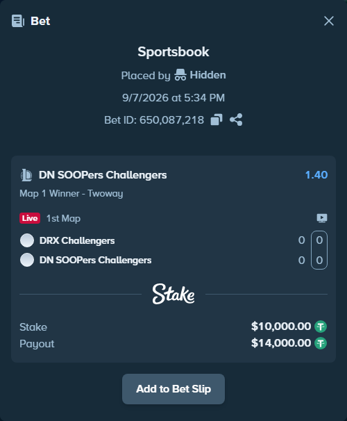 Bet slip: DRX Challengers - DN SOOPers Challengers, $10,000.00 stake at 1.40 odds, placed by Hidden