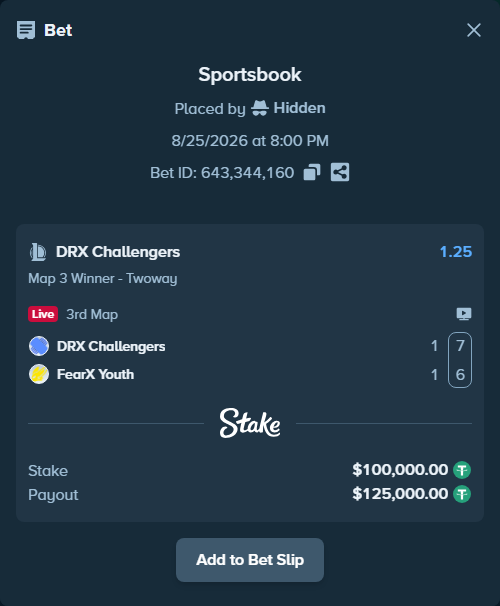 Bet slip: DRX Challengers - FearX Youth, $100,000.00 stake at 1.25 odds, placed by Hidden