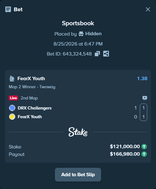 Bet slip: DRX Challengers - FearX Youth, $121,000.00 stake at 1.38 odds, placed by Hidden