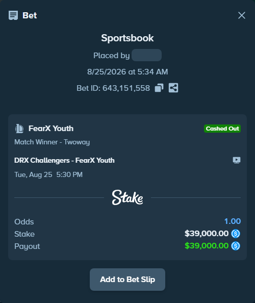 Bet slip: DRX Challengers - FearX Youth, $39,000.00 stake at 1.48 odds, placed by AdrewTate