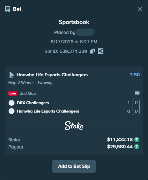 Bet slip: DRX Challengers - Hanwha Life Esports Challengers, $11,844.01 stake at 2.50 odds, placed by fantasy7788