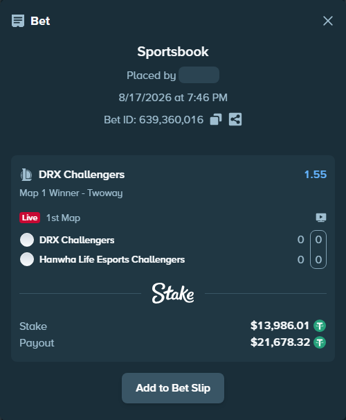 Bet slip: DRX Challengers - Hanwha Life Esports Challengers, $14,000.00 stake at 1.55 odds, placed by fantasy7788