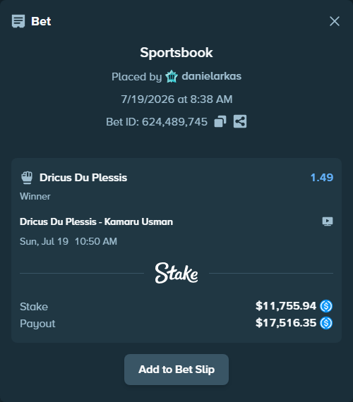 Bet slip: Du Plessis, Dricus - Usman, Kamaru, $11,755.94 stake at 1.49 odds, placed by danielarkas