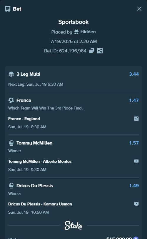 Bet slip: Du Plessis, Dricus - Usman, Kamaru, $19,944.44 stake at 1.49 odds, placed by Hidden