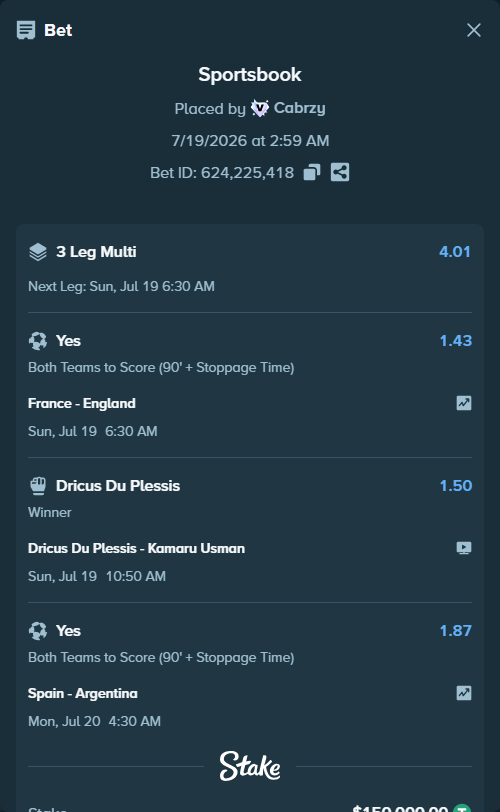 Bet slip: Du Plessis, Dricus - Usman, Kamaru, $150,150.00 stake at 1.50 odds, placed by Cabrzy