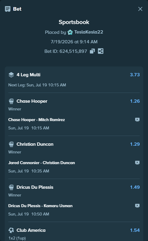 Bet slip: Du Plessis, Dricus - Usman, Kamaru, $17,354.61 stake at 1.49 odds, placed by TeslaKesla22