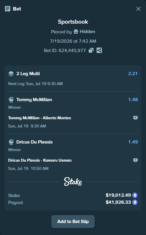 Bet slip: Du Plessis, Dricus - Usman, Kamaru, $19,438.33 stake at 1.49 odds, placed by Hidden