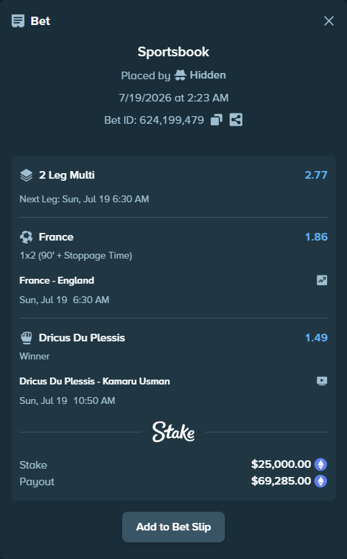 Bet slip: Du Plessis, Dricus - Usman, Kamaru, $25,802.52 stake at 1.49 odds, placed by Hidden