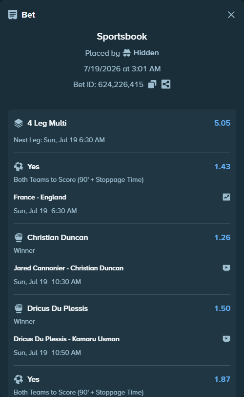 Bet slip: Du Plessis, Dricus - Usman, Kamaru, $40,040.00 stake at 1.50 odds, placed by Hidden
