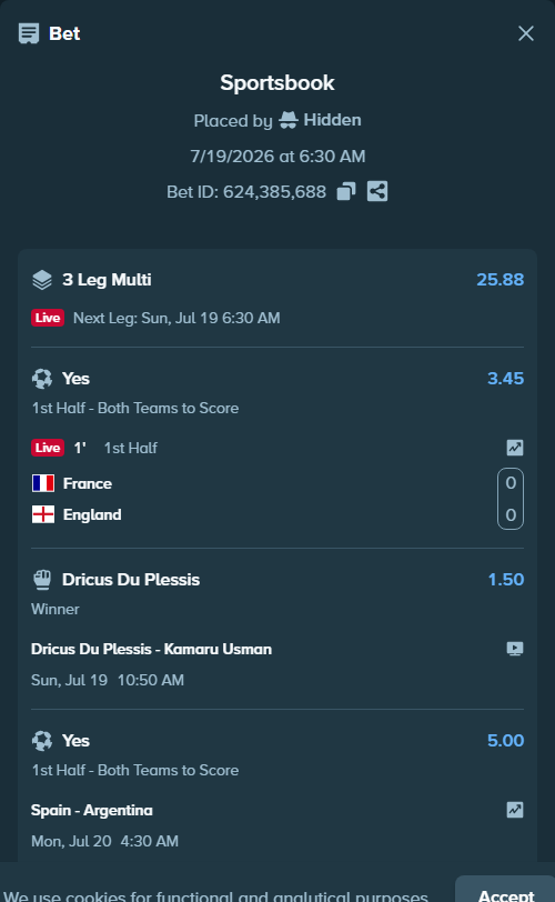 Bet slip: Du Plessis, Dricus - Usman, Kamaru, $44,084.82 stake at 1.50 odds, placed by Hidden