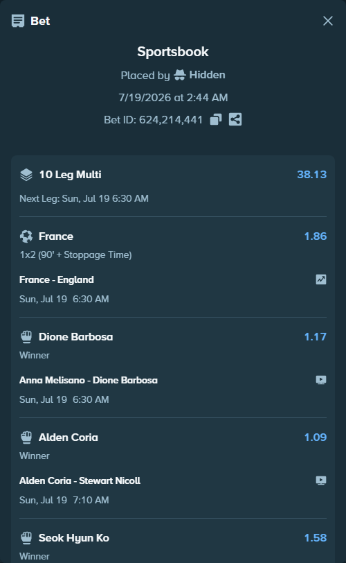 Bet slip: Du Plessis, Dricus - Usman, Kamaru, $70,134.24 stake at 1.50 odds, placed by Hidden