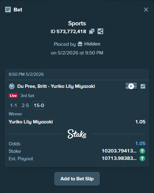 Bet slip: Du Pree, Britt - Miyazaki, Yuriko Lily, $10,203.79 stake at 1.05 odds, placed by Hidden