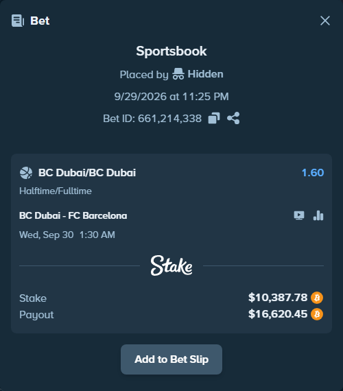 Bet slip: Dubai Basketball - FC Barcelona, $8,021.44 stake at 1.60 odds, placed by Hidden