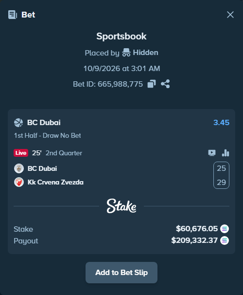 Bet slip: Dubai Basketball - KK Crvena zvezda Belgrade, $59,579.53 stake at 3.45 odds, placed by Prettylfacko98