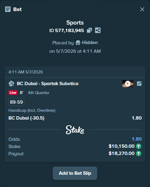 Bet slip: Dubai Basketball - Spartak Subotica, $10,150.00 stake at 1.80 odds, placed by Hidden
