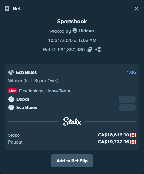 Bet slip: Dubai - Emirates Blues, $13,775.84 stake at 1.06 odds, placed by Hidden