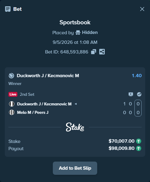Bet slip: Duckworth J / Kecmanovic M - Melo M / Peers J, $70,000.00 stake at 1.40 odds, placed by Hidden